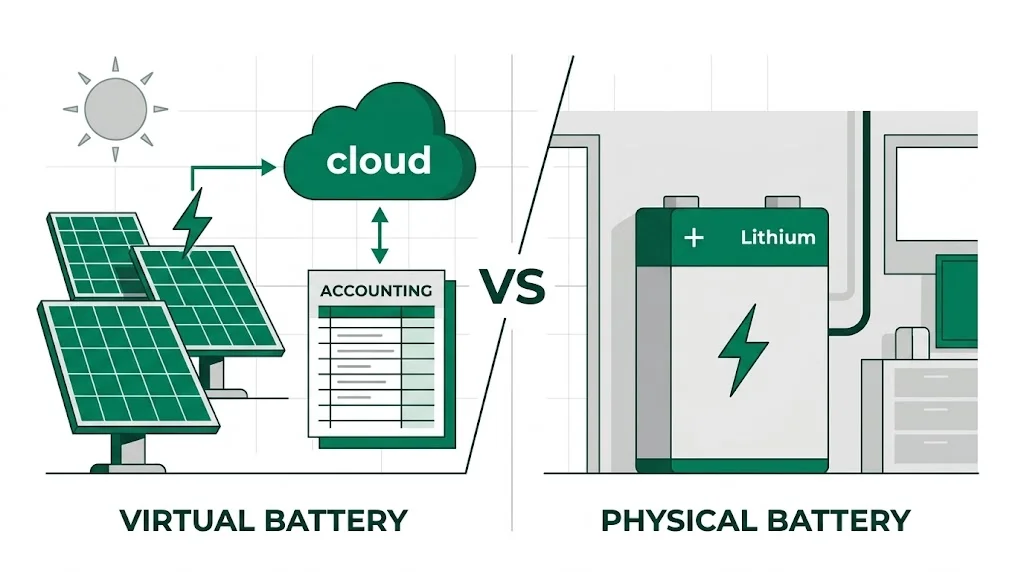 Batterie virtuelle vs batterie physique - Comparaison stockage solaire photovoltaïque