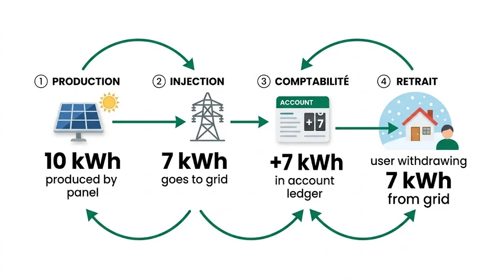 Fonctionnement batterie virtuelle - Schéma 4 étapes injection récupération kWh