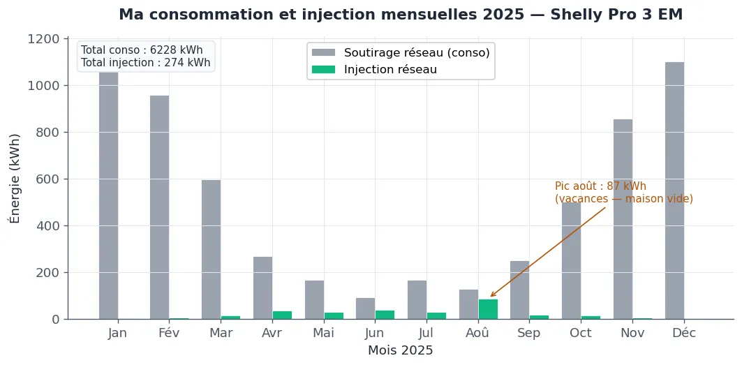 Histogramme mensuel 2025 montrant la consommation tirée du réseau (barres grises, très hautes en hiver jusqu'à 1149 kWh en janvier, très basses en été avec 92 kWh en juin) et l'injection au réseau (barres vertes, très faibles toute l'année sauf un pic à 87 kWh en août pendant les vacances).